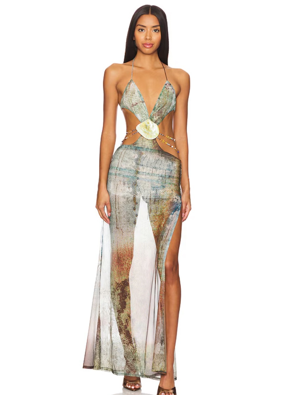 Jaded London Green Multi Print Cutout Maxi Dress